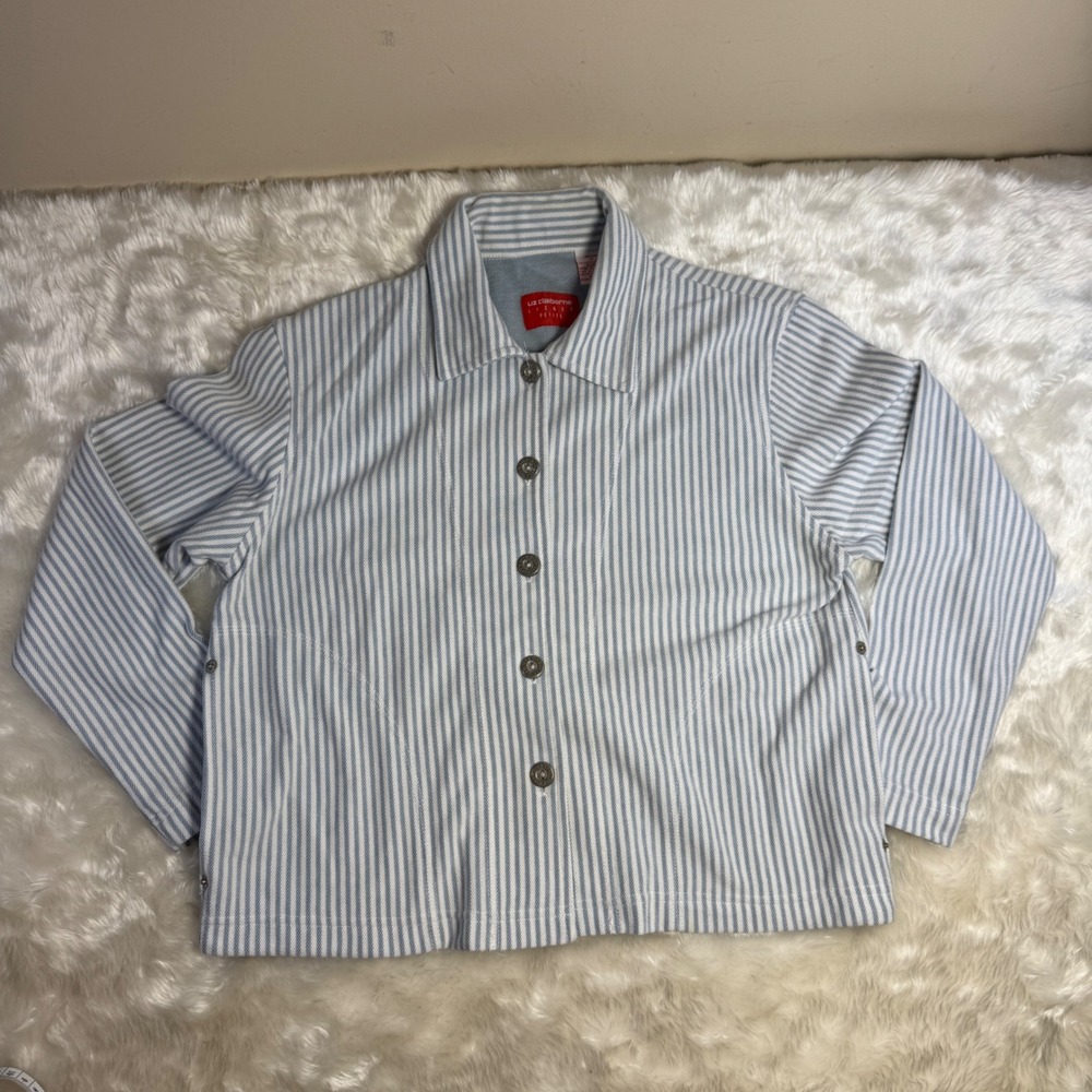 Liz Claiborne Liz & Co Petite Blue White Striped Cotton Button Front Jacket P